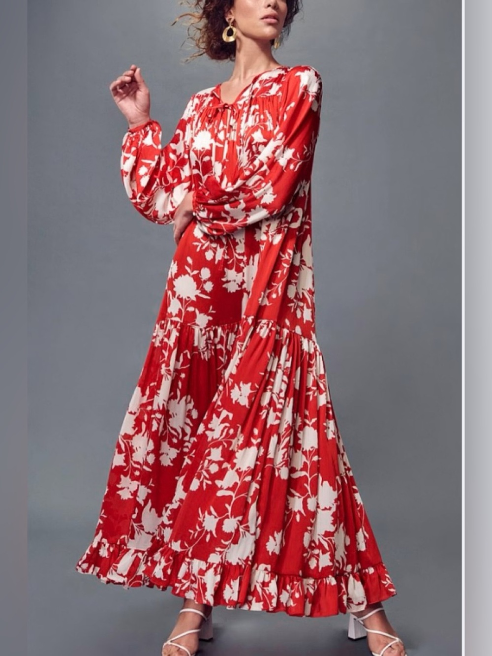 NWT Johanna Ortiz x H&M Red and White Floral Satin Tiered Maxi Dress S - Picture 4 of 12